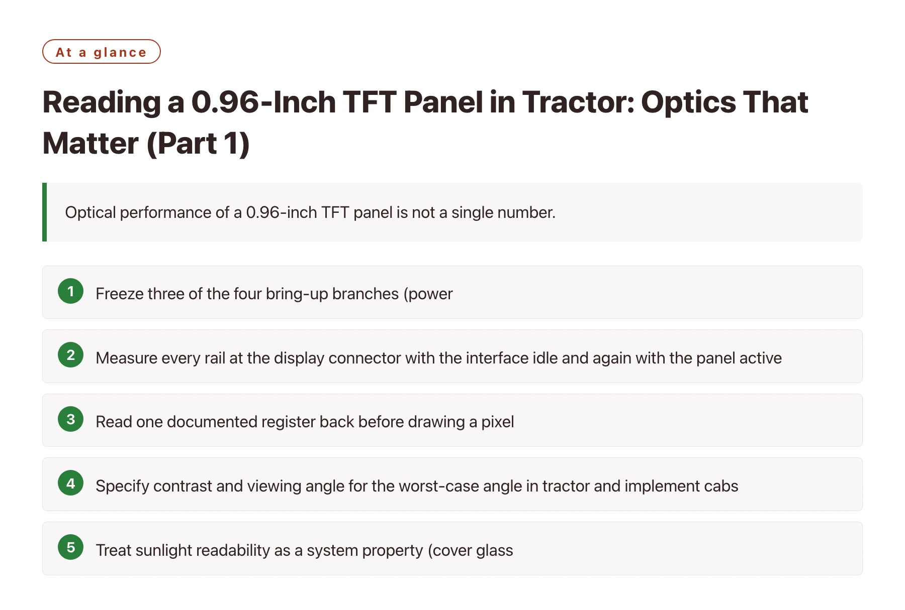 Reading a 0.96-Inch TFT Panel in Tractor: Optics That Matter (Part 1)——全文要点速览